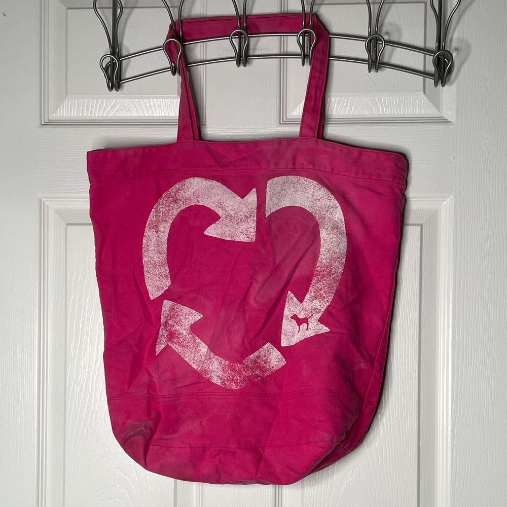 Victoria's Secret PINK Recycle Heart Print Canvas Shoulder Tote Handbag Y2K